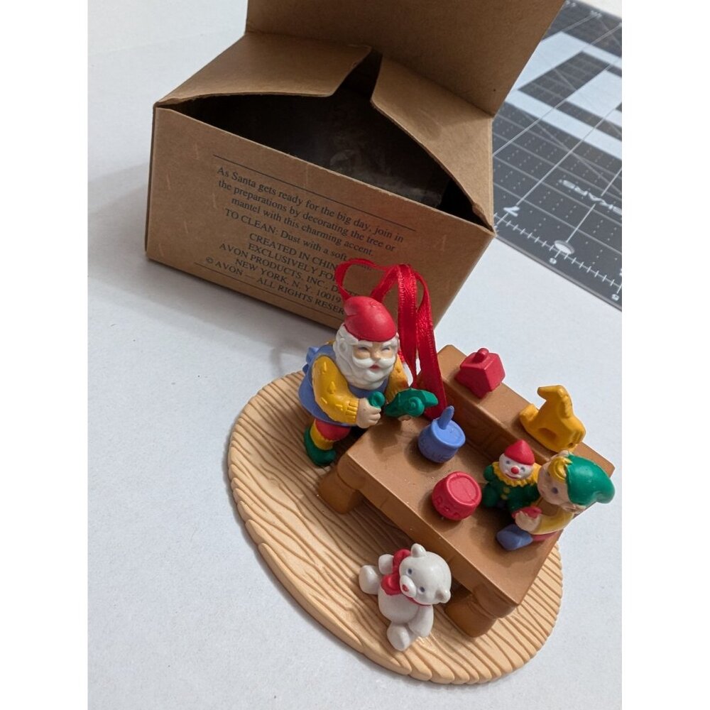 Avon Christmas with Santa in the Workshop‎ molded plastic ornament vtg w/ box